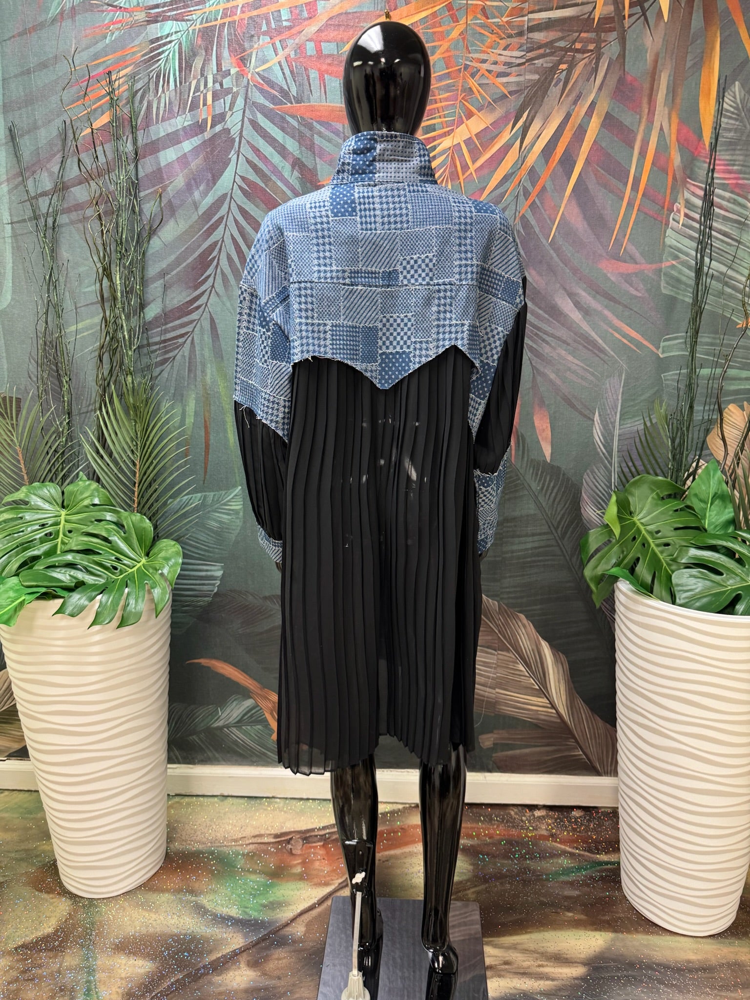 Pleated Patchwork Denim Dress