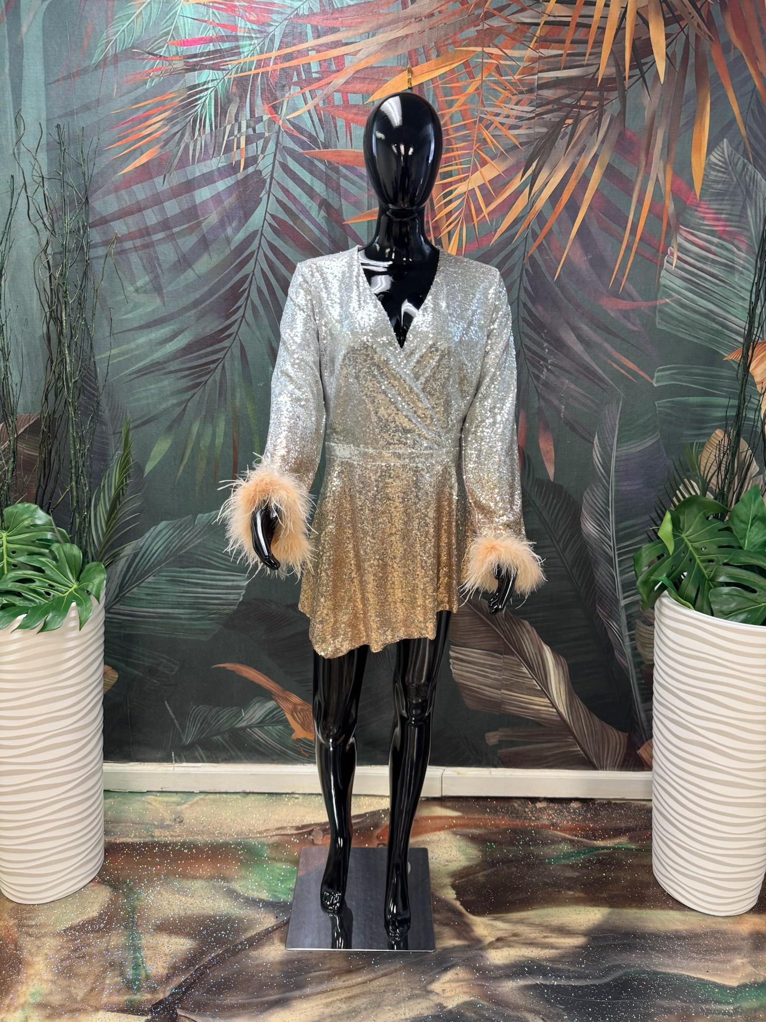 Ombre Sequin Top w/Feather Trim