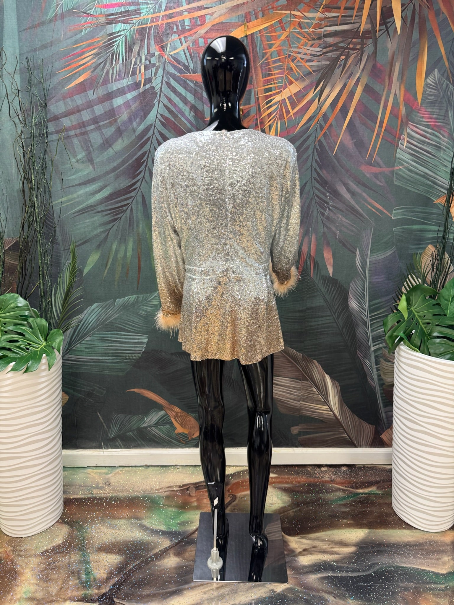 Ombre Sequin Top w/Feather Trim