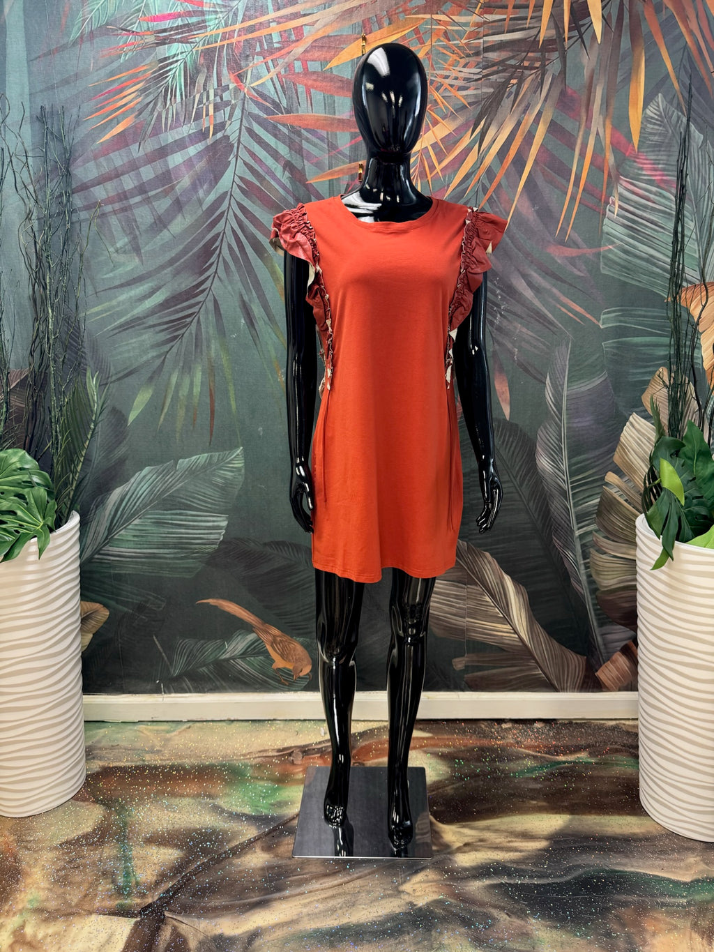 Ruffle Leather Sleeve Dress