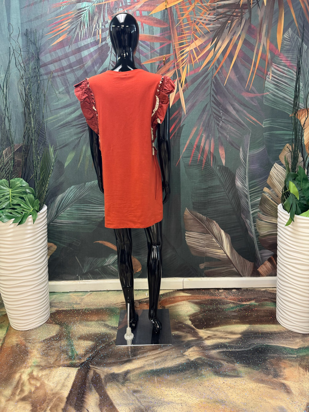 Ruffle Leather Sleeve Dress