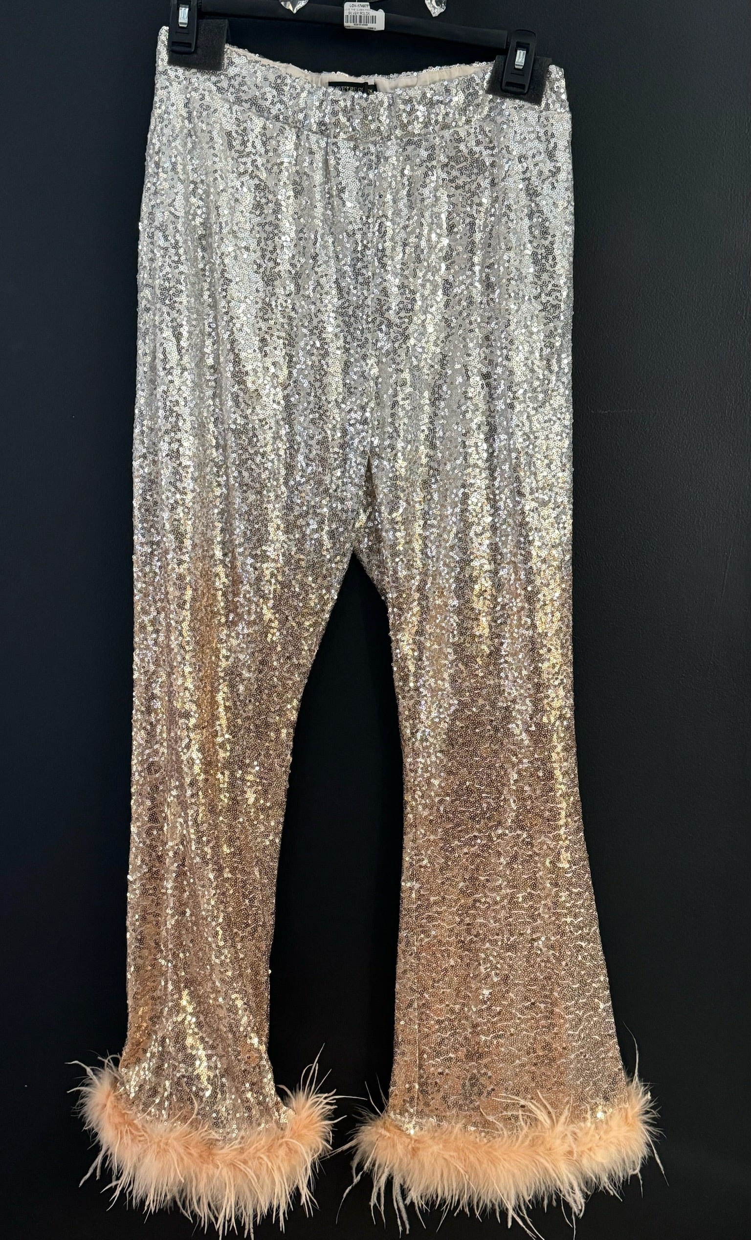 Ombre Sequin Pant w/Feather Trim