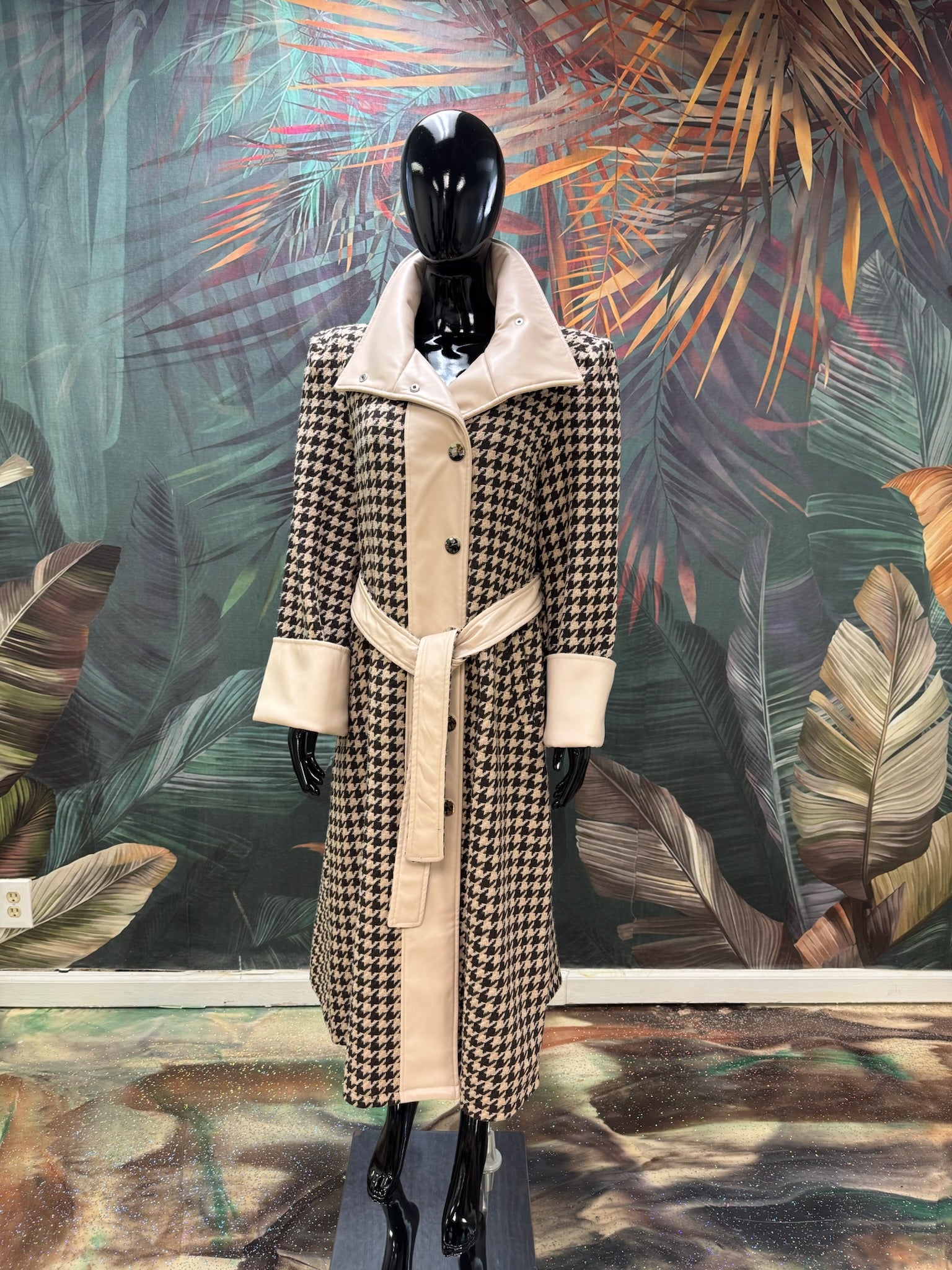Houndstooth & Faux Leather Coat