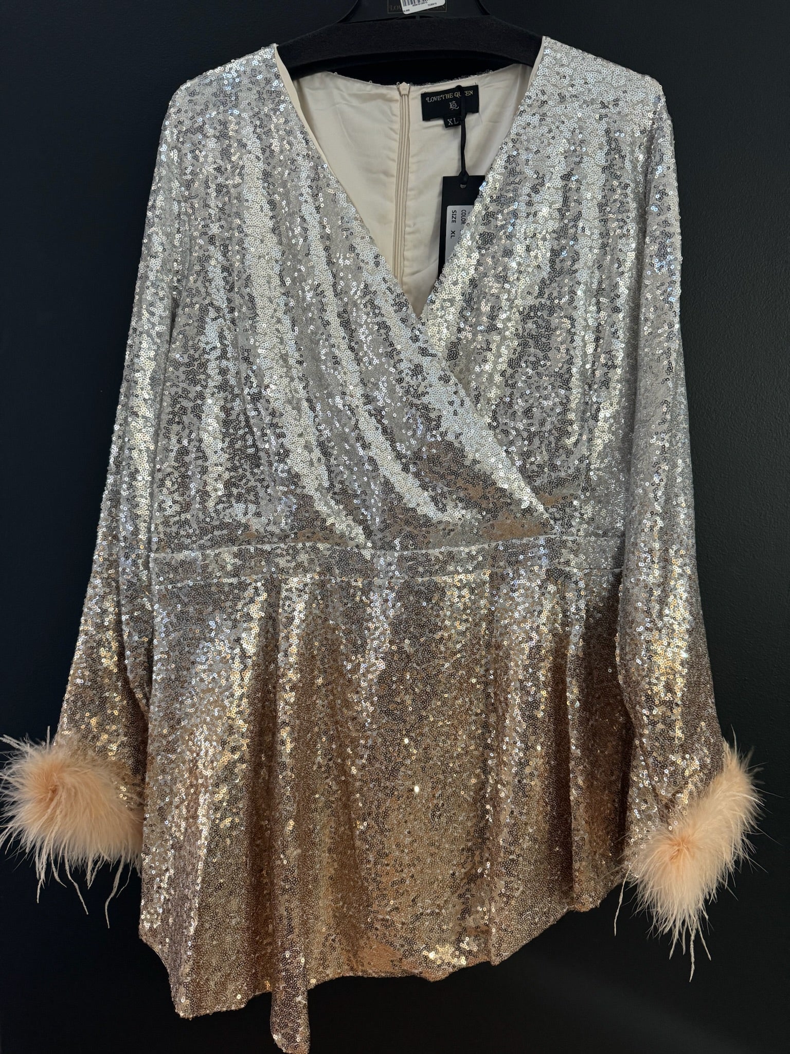 Ombre Sequin Top w/Feather Trim
