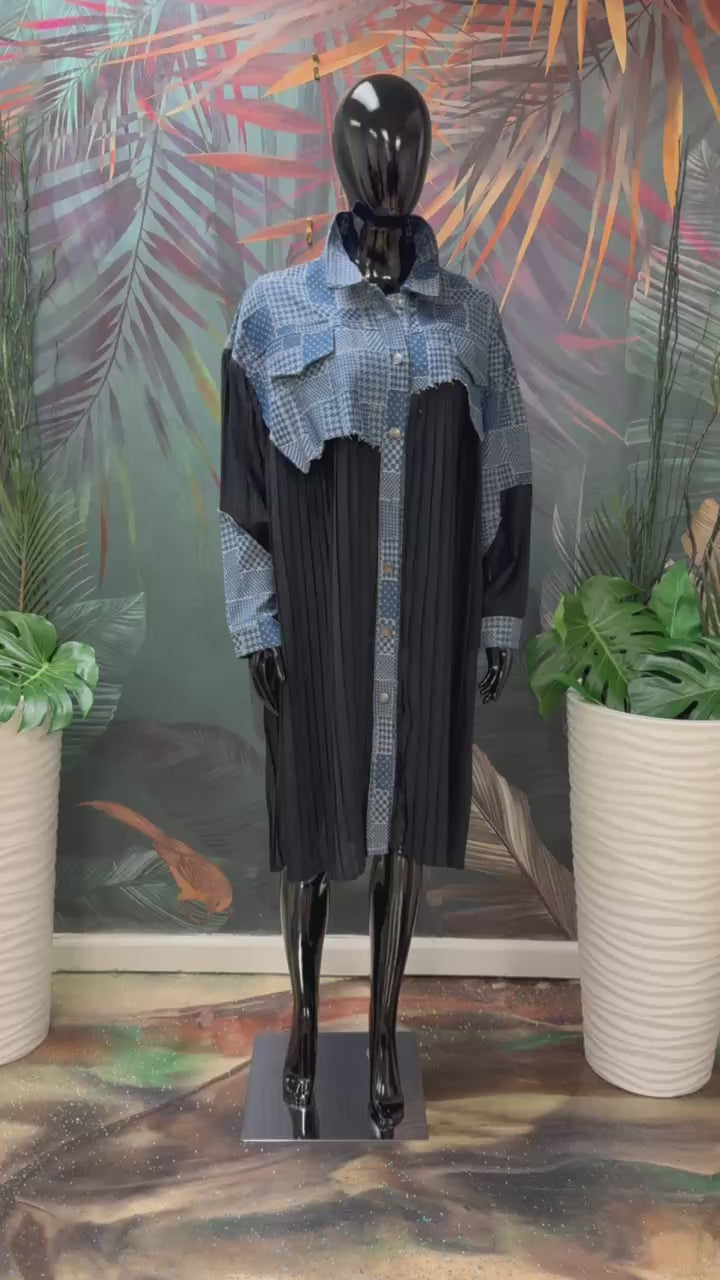 Pleated Patchwork Denim Dress